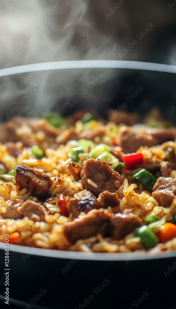 Close up of a steaming skillet with delicious stir fry rice, savory meat, and vibrant vegetables Close up of a steaming skillet with delicious stir fry rice, savory meat, and vibrant vegetables