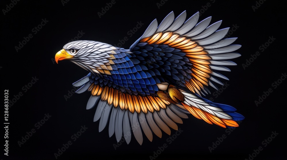Fototapeta premium A striking eagle silhouette with glowing wings, feathers softly illuminated in gold and silver against a dark sky.