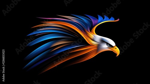 A striking eagle silhouette with glowing wings, feathers softly illuminated in gold and silver against a dark sky.