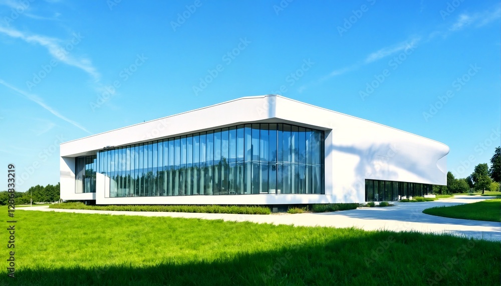 Fototapeta premium a modern building featuring floor-to-ceiling glass walls and large windows set against a backdrop of lush greenery and a clear blue sky.