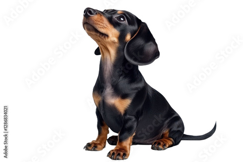 Adorable dog sitting looking up with curiosity in studio against a transparent background perfect for adding to any design project