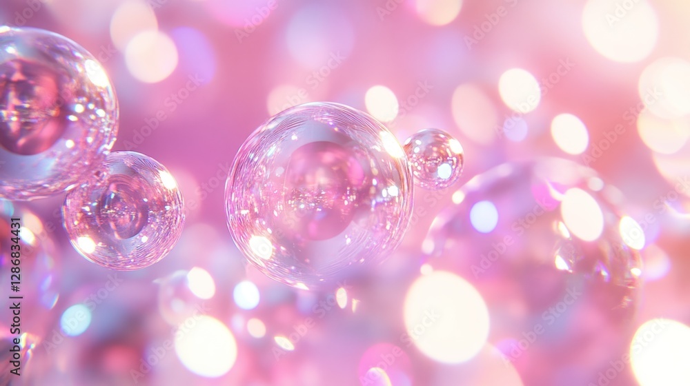 Floating Transparent Spheres with Reflective Surfaces and Soft Pink Bokeh Background Floating Transparent Spheres with Reflective Surfaces and Soft Pink Bokeh Background