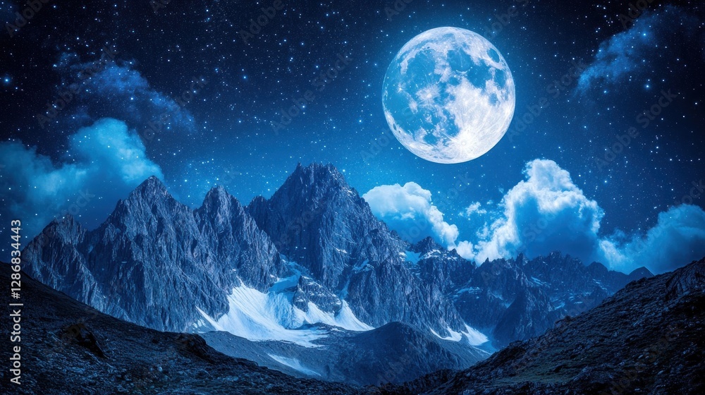 Full Moon Over Snowy Mountains at Starry Night Landscape Full Moon Over Snowy Mountains at Starry Night Landscape