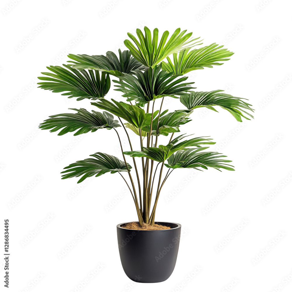 A Tall Potted Palm Plant with Large Fan Shaped Green Leaves Isolated on Transparent Background A Tall Potted Palm Plant with Large Fan Shaped Green Leaves Isolated on Transparent Background