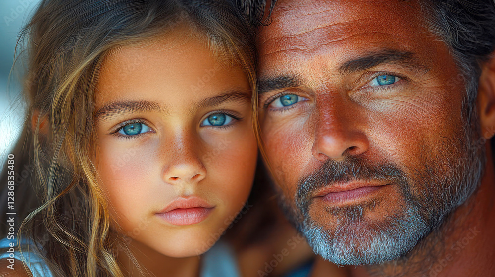 Father and daughter close-up portrait with striking blue eyes, embracing each other warmly Father and daughter close-up portrait with striking blue eyes, embracing each other warmly