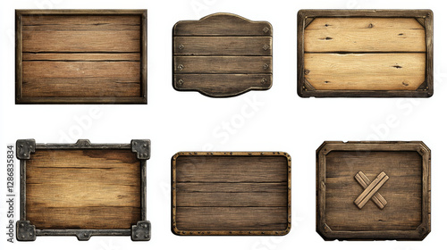 Cartoon set of wood and iron game ui boards. Vector illustration of wooden frames with menu, settings, home, play, checkmark, cross icons, metal corners. Blank old nameplates isolated on background