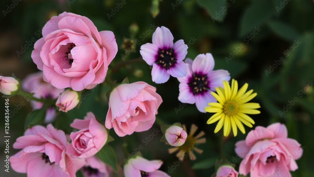 Delicate Pink Roses and Colorful Wildflowers in a Garden Setting Delicate Pink Roses and Colorful Wildflowers in a Garden Setting