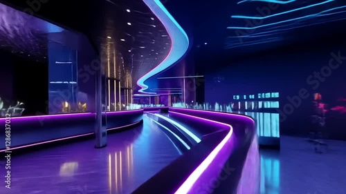 Neon-lit futuristic bar with purple and blue ambient lighting and rounded bar top.