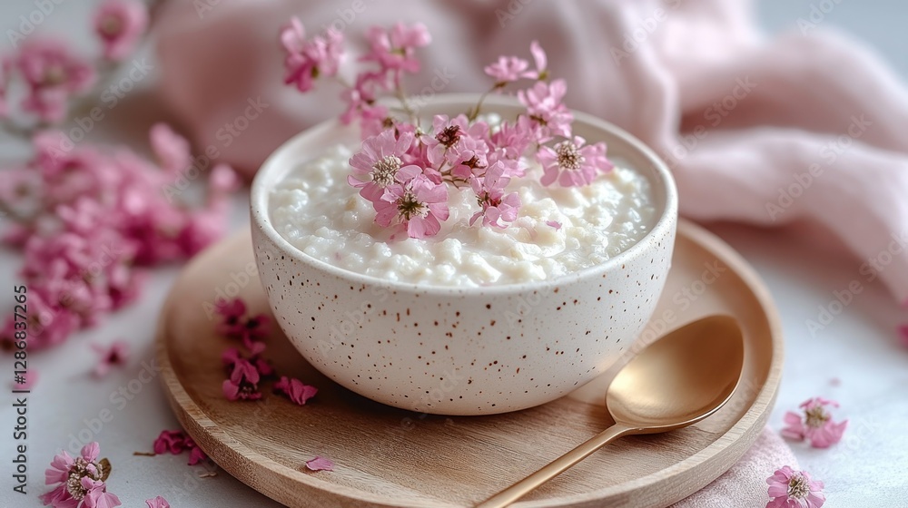 Delicate Creamy Rice Pudding with Pink Flowers on Light Wooden Tray