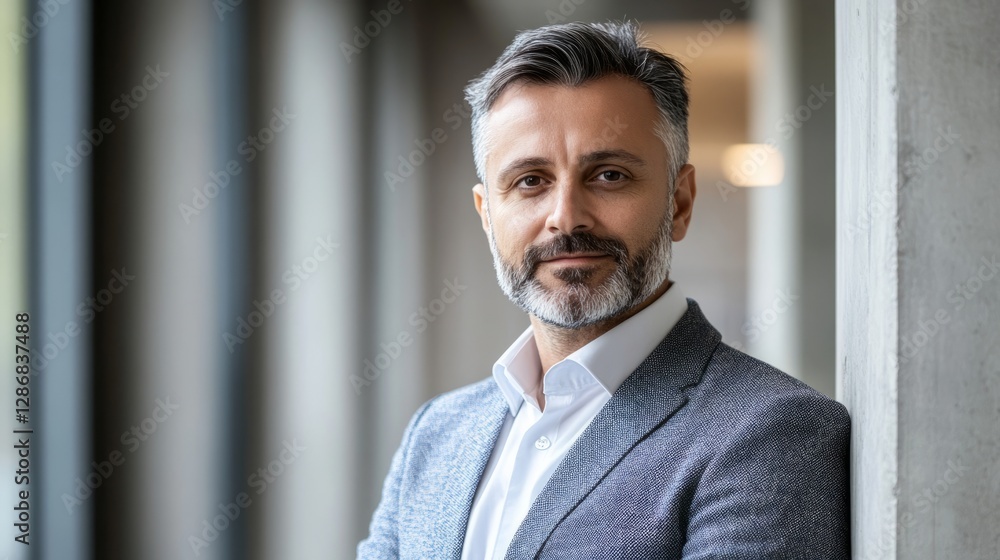 Naklejka premium Focused professional in business attire embodies determination and expertise in a modern work environment. 