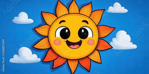 A cartoon sun with a smiling face is drawn on a blue background. The sun is yellow and has a happy expression