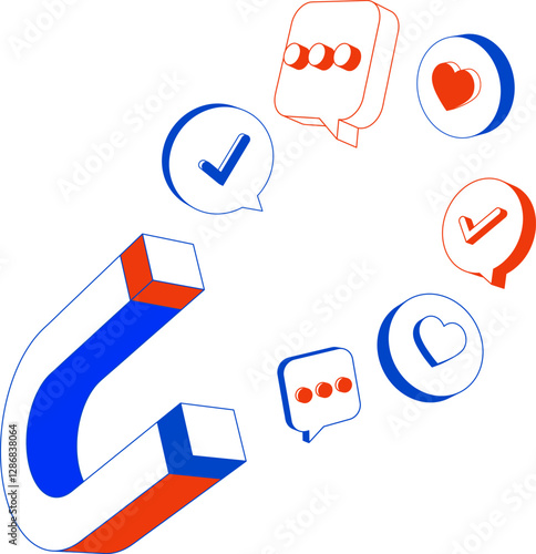 Magnet attracting social media icons like hearts and chat bubbles in minimalistic outline style. Concept of social media engagement