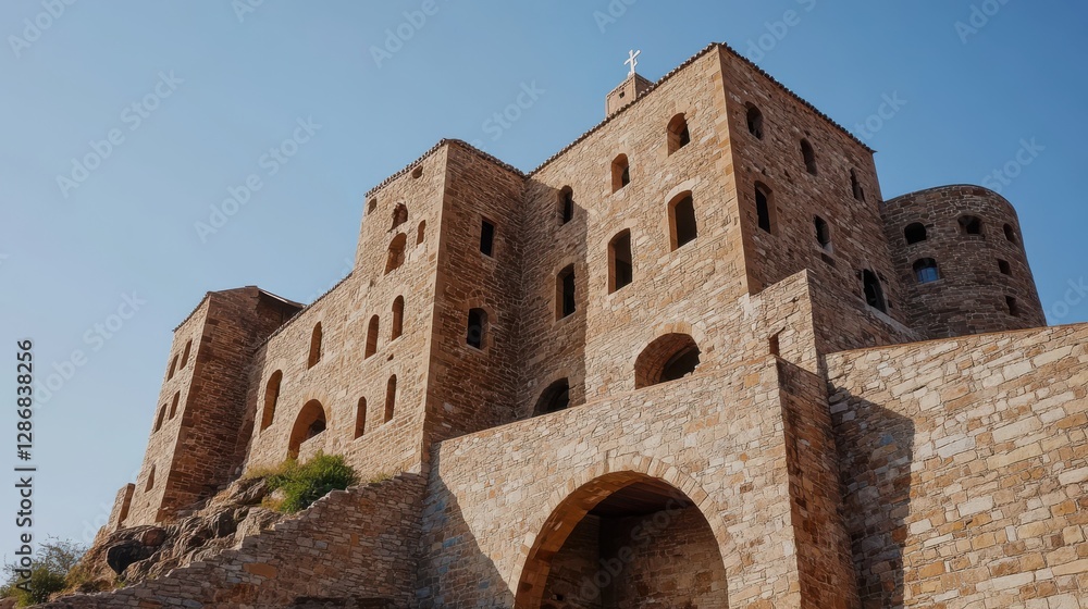 Fototapeta premium Majestic medieval castle with rough stone walls and arched windows, basking under a clear blue sky, showcasing timeless architectural grandeur.
