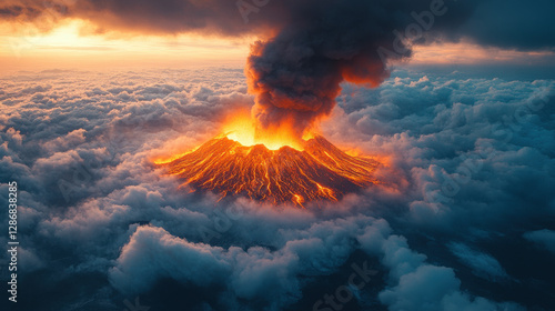 Aerial view of an erupting volcano.