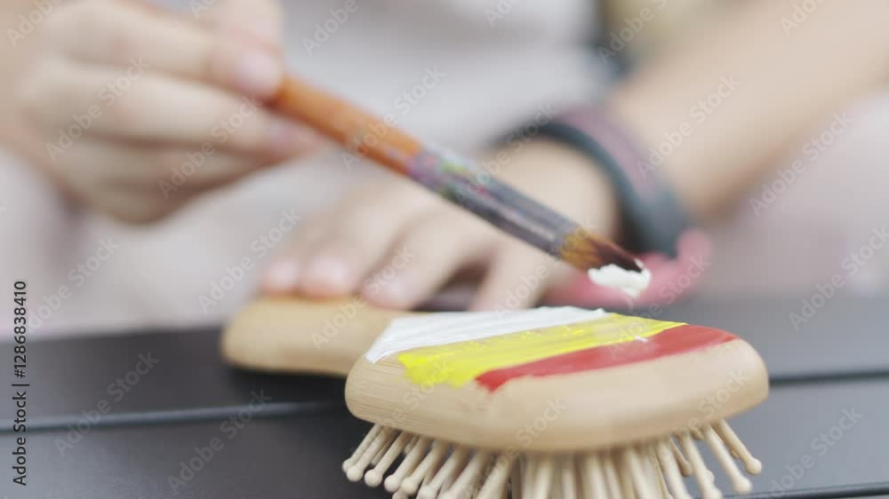 Close-up and selective focus of young artist painting a wooden surface with vibrant colors, highlighting brush strokes and the creative process showing handcraft, precision, and artistic expression. Close-up and selective focus of young artist painting a wooden surface with vibrant colors, highlighting brush strokes and the creative process showing handcraft, precision, and artistic expression.