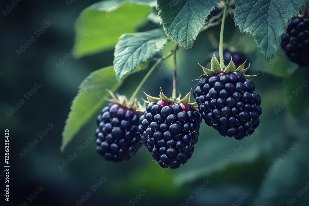 Ripe blackberries hanging on a branch in the garden Ripe blackberries hanging on a branch in the garden