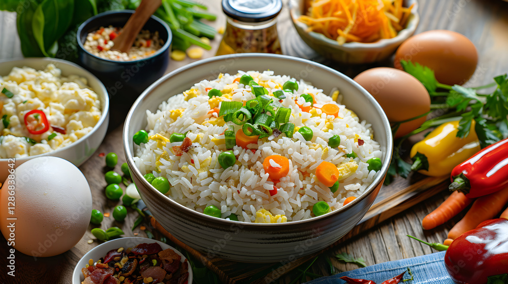 Intricate Presentation of Ingredients for a Vibrant Asian Rice Dish Recipe Intricate Presentation of Ingredients for a Vibrant Asian Rice Dish Recipe