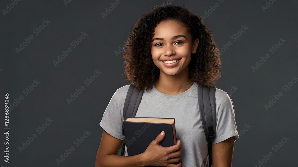Obraz premium realistic, Young smiling beautiful college student with a backpack and holding a book 