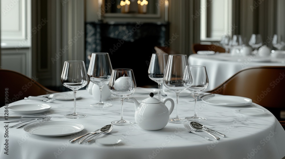 An elegantly set marble table for a formal dinner, adorned with fine glassware and porcelain, evokes sophistication and timeless luxury. An elegantly set marble table for a formal dinner, adorned with fine glassware and porcelain, evokes sophistication and timeless luxury.