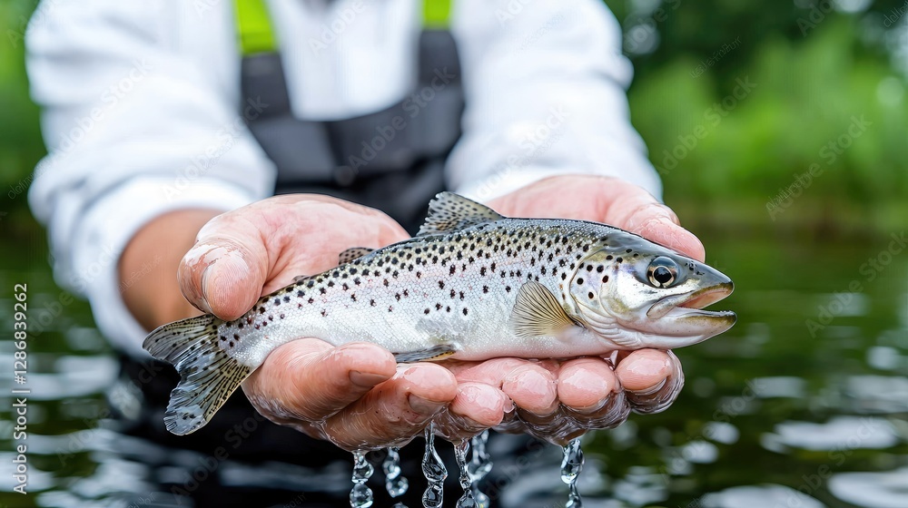 Fisherman holding trout, river background, nature scene, angling Fisherman holding trout, river background, nature scene, angling
