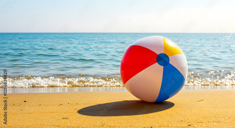 Obraz premium Colorful beach ball sitting on sunlit sand near the ocean.