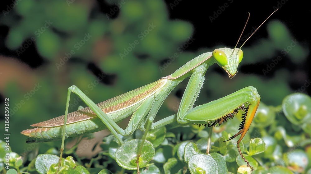 A detailed macro shot captures a praying mantis blending seamlessly with garden foliage, highlighting its natural camouflage and elegance. A detailed macro shot captures a praying mantis blending seamlessly with garden foliage, highlighting its natural camouflage and elegance.