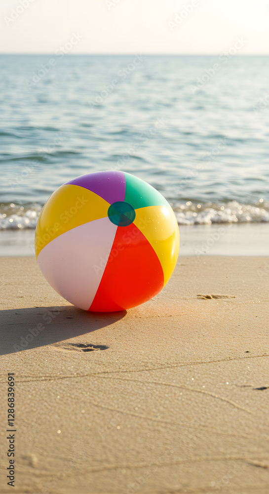 Colorful beach ball sitting on sunlit sand near the ocean. Colorful beach ball sitting on sunlit sand near the ocean.