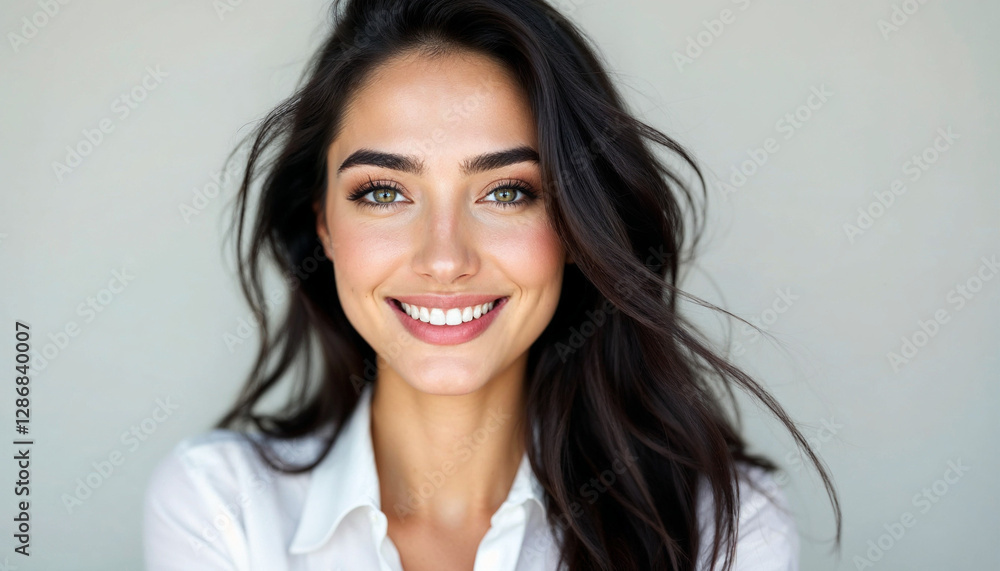 A confident woman in a white blouse smiles warmly against a clean, minimalistic background. A confident woman in a white blouse smiles warmly against a clean, minimalistic background.
