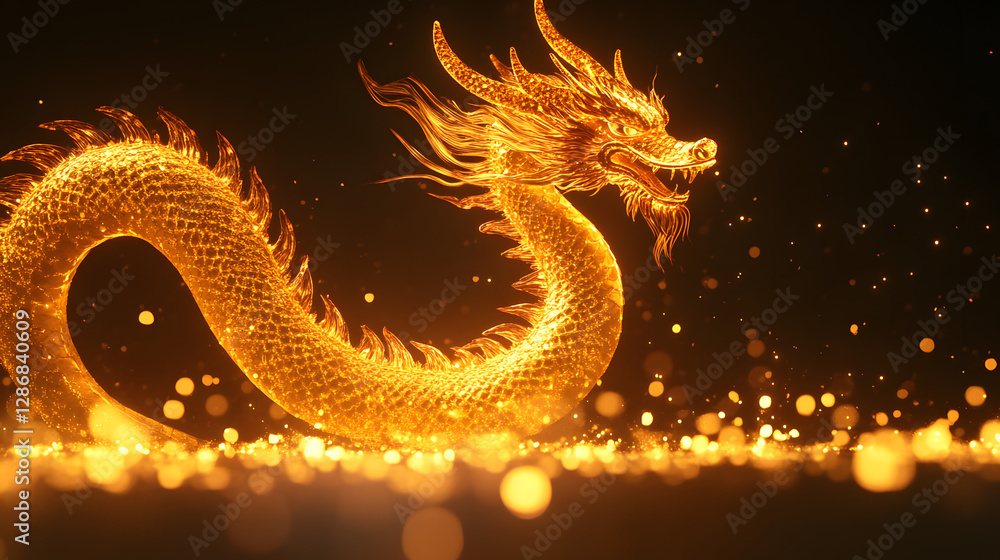 Golden dragon soaring through the sky over a vibrant landscape with clouds and distant mountains Golden dragon soaring through the sky over a vibrant landscape with clouds and distant mountains
