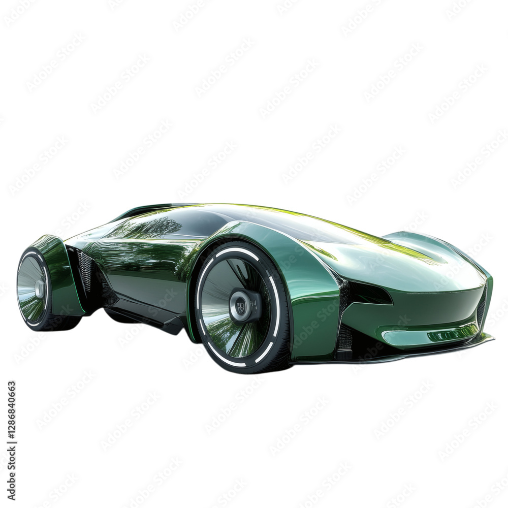 A Futuristic Green Electric Car with Unique Body Isolated on Transparent Background A Futuristic Green Electric Car with Unique Body Isolated on Transparent Background