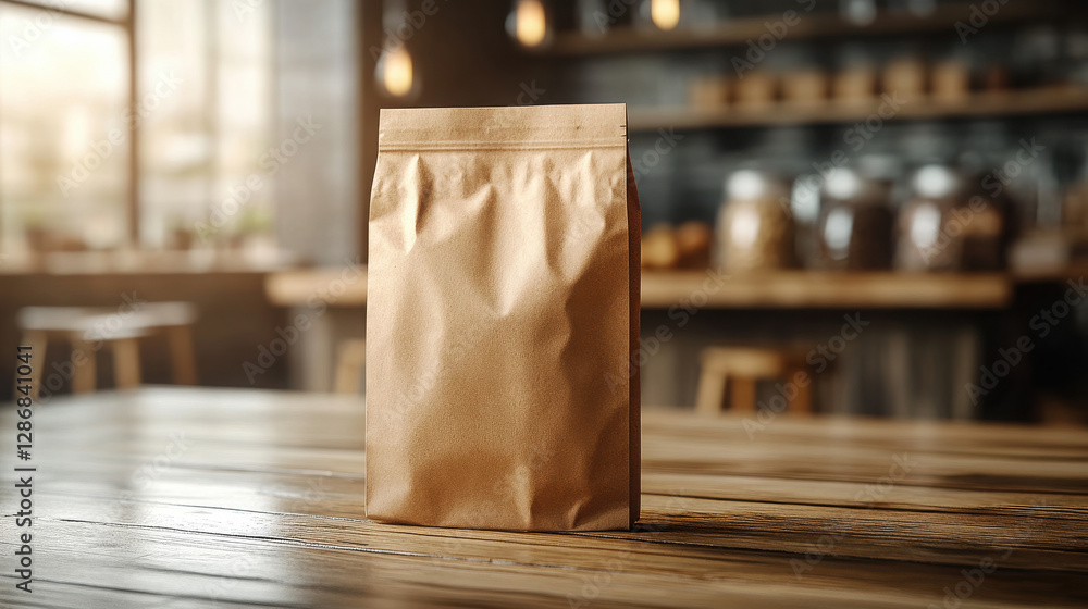 Photograph of a new any paper packaging bag mockup, on a light wooden table, top view with header seal, photorealistic. Photograph of a new any paper packaging bag mockup, on a light wooden table, top view with header seal, photorealistic.
