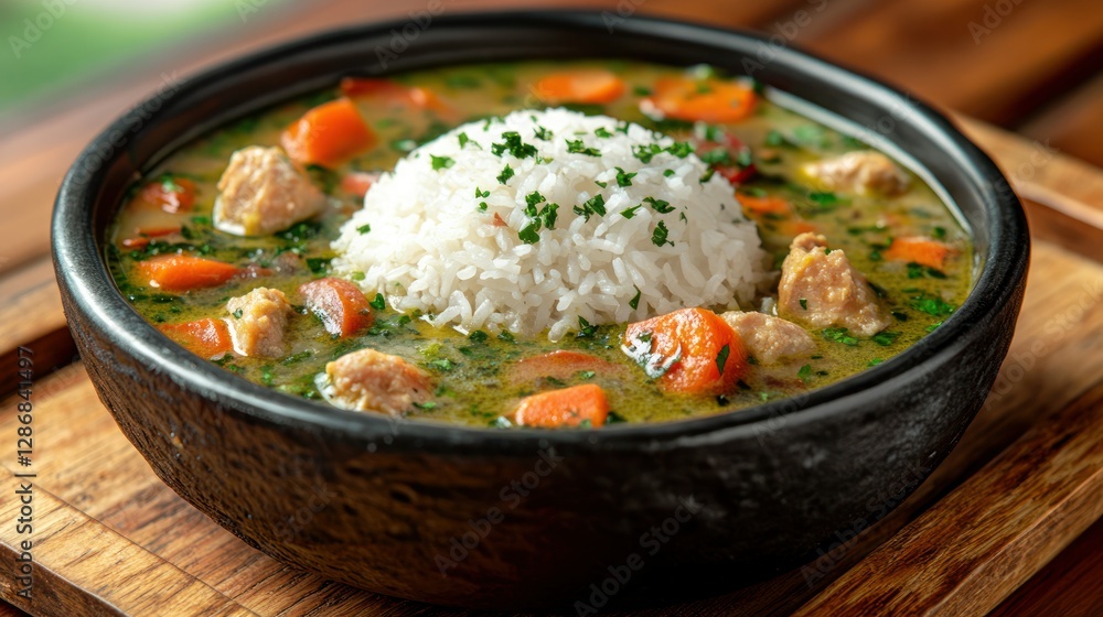 Bowl of flavorful green curry with rice on wooden table Bowl of flavorful green curry with rice on wooden table