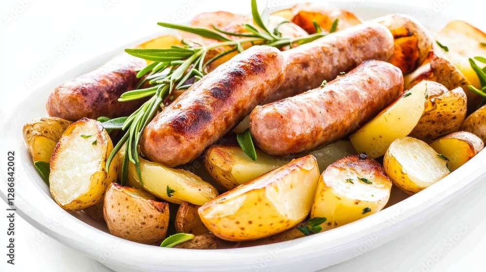 Fresh and healthy sausage and potato platter on a clean white background for culinary inspiration Fresh and healthy sausage and potato platter on a clean white background for culinary inspiration