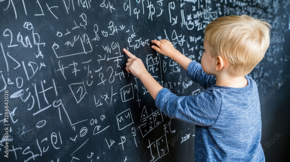 A child in a blue shirt enthusiastically points at a blackboard filled with mathematical equations, immersed in learning. A child in a blue shirt enthusiastically points at a blackboard filled with mathematical equations, immersed in learning.