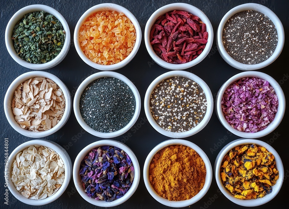 Colorful Array of Spices and Herbs in White Bowls on Dark Background, Showcasing Natural Ingredients for Cooking and Culinary Presentation Colorful Array of Spices and Herbs in White Bowls on Dark Background, Showcasing Natural Ingredients for Cooking and Culinary Presentation