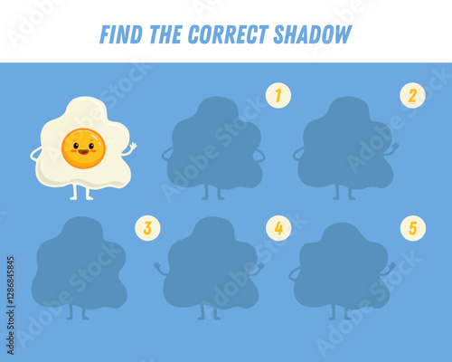 Find correct shadow of cute cartoon fried egg. Educational logical game for kids. Vector illustration