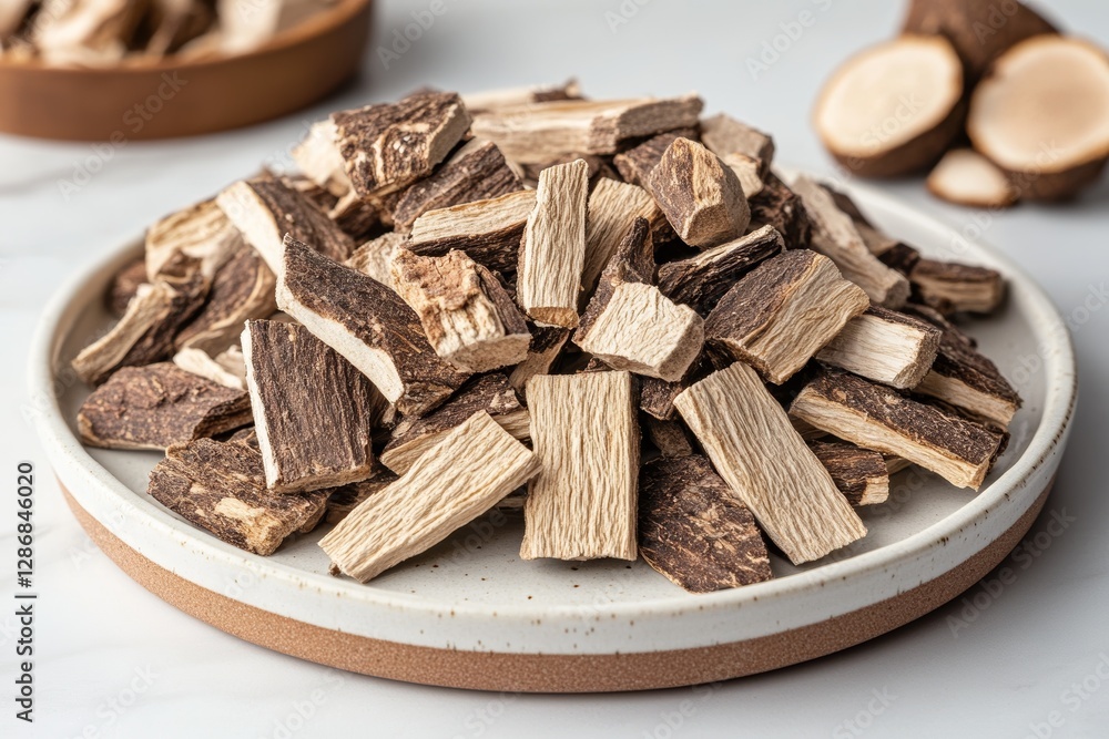 A close-up view of a pile of dried willow bark pieces arranged on a round plate with a smooth surface A close-up view of a pile of dried willow bark pieces arranged on a round plate with a smooth surface