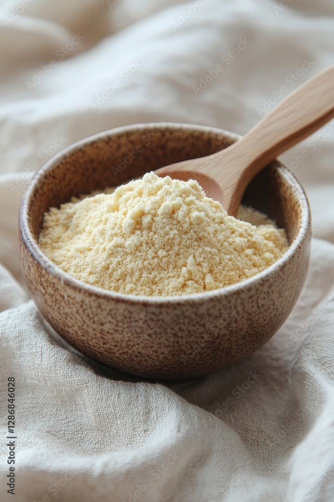 A minimalistic image of finely ground willow bark in a textured bowl with a wooden spoon on a soft fabric background A minimalistic image of finely ground willow bark in a textured bowl with a wooden spoon on a soft fabric background