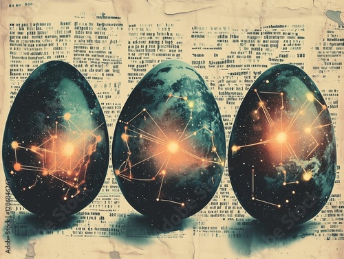 Vintage sci-fi magazine collage showcasing cosmic eggs with bright energy patterns and retro design elements photo