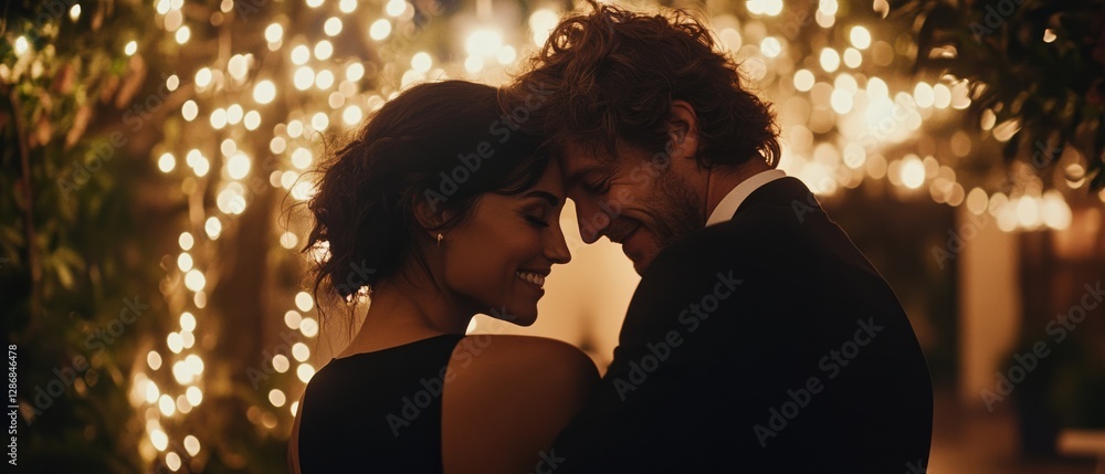 Fototapeta premium Under a canopy of twinkling lights, a couple shares a joyful moment, embodying warmth and connection in an intimate setting.