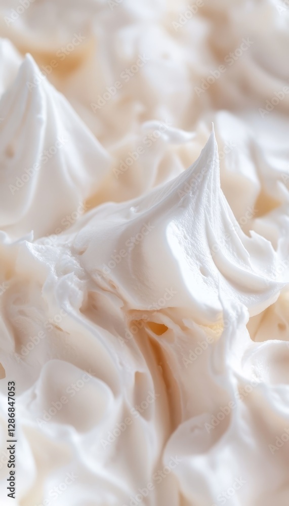 Close up of fluffy white frosting on tabletop, perfect for baking inspiration and culinary delight