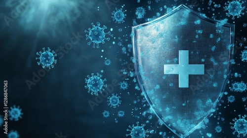 A strong shield symbolizing immune defense against viruses with medical and antibacterial features