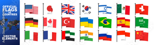 Official country falgs signs, countries flag banners. International travel symbols, geography or language lesson flags emblem. Big countries and the G7