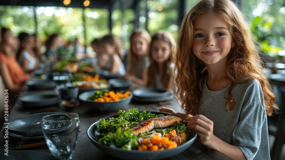 Girl at Family Meal in Outdoor Dining Area Girl at Family Meal in Outdoor Dining Area