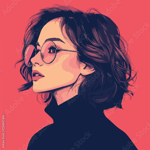 Vector image of a woman with short hair, wearing glasses. 