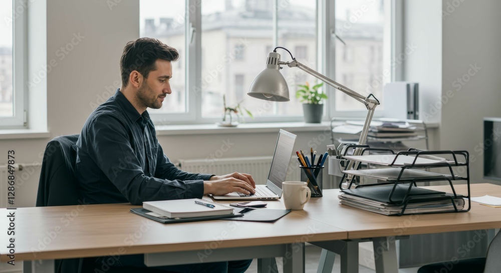Dedicated professional working on a laptop in bright modern office setting Dedicated professional working on a laptop in bright modern office setting