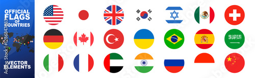 Official country falgs circle signs, countries flag banners. International travel symbols, geography or language lesson flags emblem. Big countries and the G7