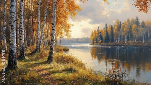 Autumn River Scene with Birch Trees and Reflections Landscape View
