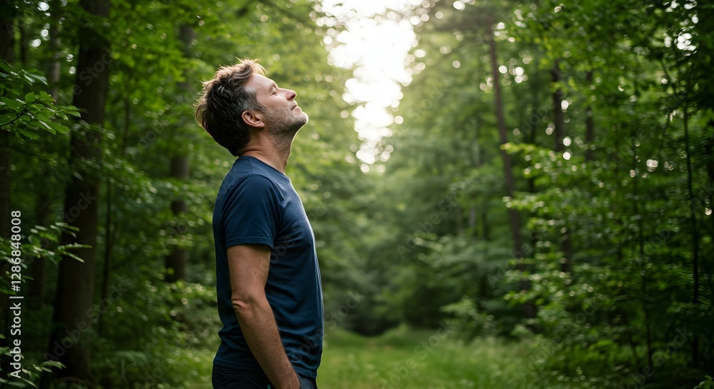 Calm And Serene Man Enjoying Nature And Fresh Air In A Lush Green Forest. Calm And Serene Man Enjoying Nature And Fresh Air In A Lush Green Forest.