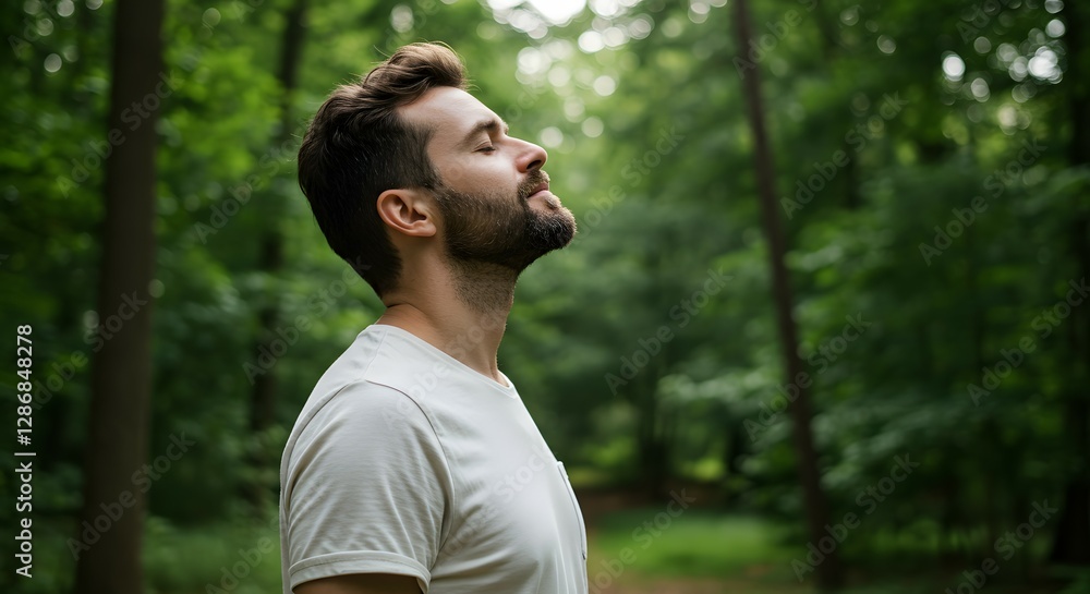 Calm And Peaceful Man Enjoying Fresh Air And Nature While Standing In A Green Forest With Eyes Closed. Calm And Peaceful Man Enjoying Fresh Air And Nature While Standing In A Green Forest With Eyes Closed.